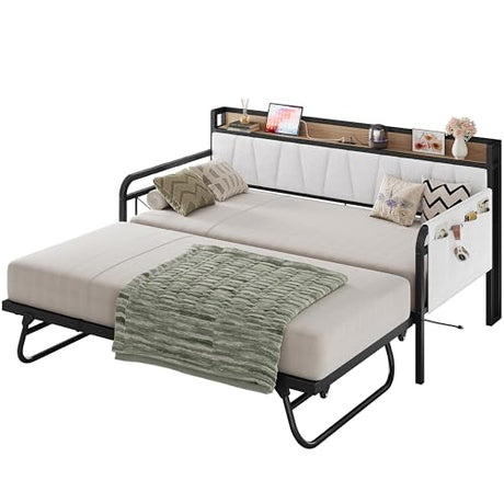 LIKIMIO Daybed with Trundle Bed, Twin Bed Frame with Storage Headboard and Charging Station, Sofa Day Bed with Strong Supports for Living Room, Bedroom, and Guest Room, Cream LIKIMIO