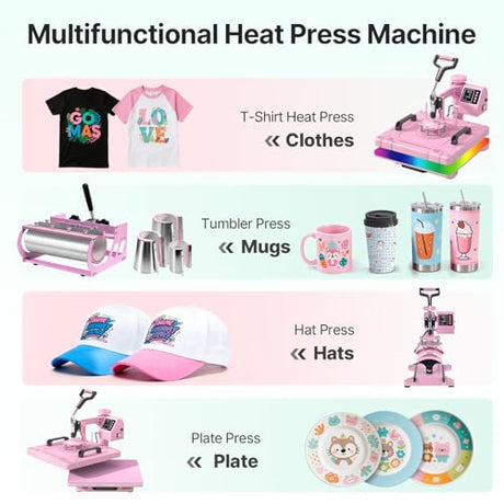 Slendor 8 in 1 Heat Press Machine 15x15 inch 360-Degree Swing Away Digital T Shirt Pressing Machine Multifunction Heat Transfer Sublimation Combo for T Shirts Mugs Hat Plate Cap,Pink Slendor