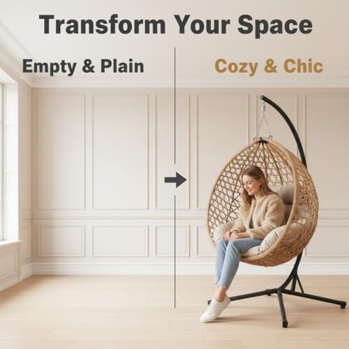 RUN.SE Hanging Egg Chair with Stand, Outdoor Indoor Egg Swing Chair with Cushion Headrest for Patio, Porch, Balcony, Bedroom, 350LBS Capacity (Dark Brown) RUN.SE