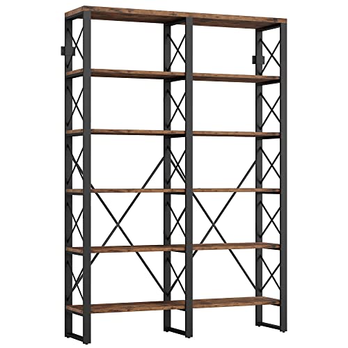 IRONCK Industrial Double Wide 6-Tier Bookshelf - 76" Open Storage Unit in Vintage Brown IRONCK