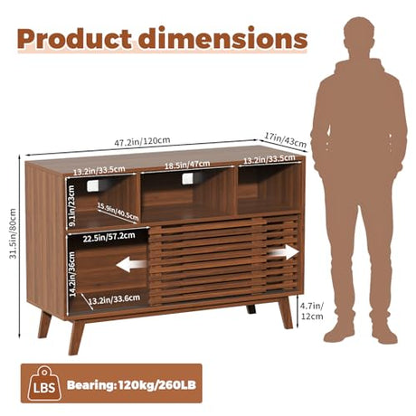 47" Large Record Player Stand with Sliding Doors, Mid Century Modern Vinyl Record Storage Display Cabinet Up to 350 LPs, Turntable Media Console for Living Room Bedroom(Walnut) Forrelaxis
