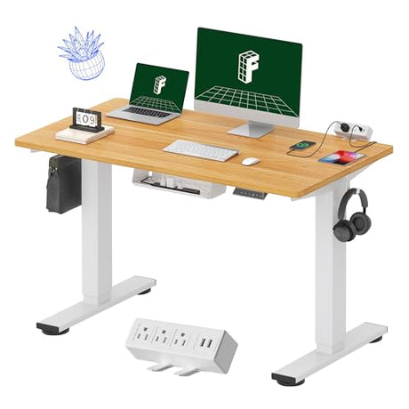 FLEXISPOT EN2 Whole-Piece Standing Desk with Clamp Power Strip, 48 x 24 Electric Stand Up Height Adjustable Desk with Cable Management (White Frame + 48" Maple Top) FLEXISPOT