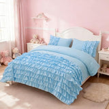 Holawakaka Light Blue Waterfall Ruffle Comforter Set Twin Size Multi-Layers Ruffled Shabby Chic 3PCS Bedding Set for Girls Women Holawakaka