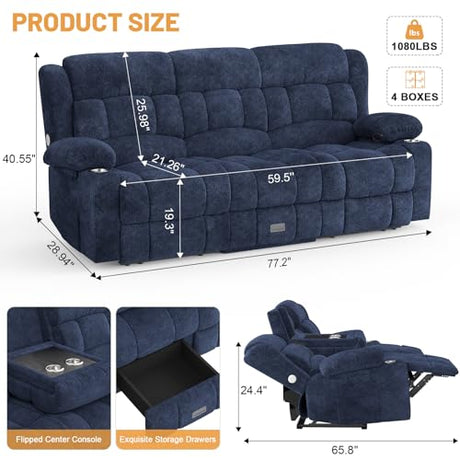 Dresegmt Loveseat Recliner Sofa, Flip Middle Backrest Design 3 Seat Reclining Sofa with Storage Drawer, USB Ports & Cup Holders, Manual Couch for Living Room/RV (Blue) Dresegmt