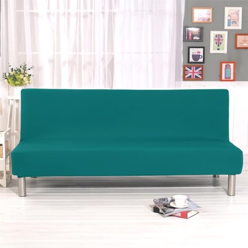 Homonic Solid Colour Armless Sofa Bed Cover Polyester Spandex Stretch Futon Slipcover 3 Seater Elastic Full Folding Couch Cover fits Folding Sofa Bed Without Armrests 80" x 50" in (Peacock Blue) Homonic