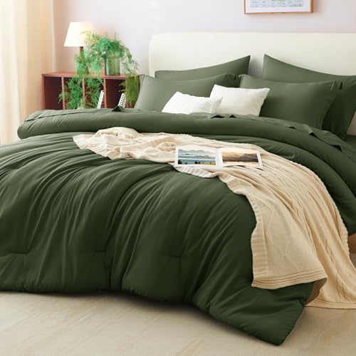 CozyLux Queen Comforter Set Olive Green, 7 Pieces Bed in a Bag Queen Comforter Set with Sheets, Bedding Sets with Down Alternative Comforter, Fitted Sheets, Flat Sheets, Pillow Shams and Pillowcases CozyLux