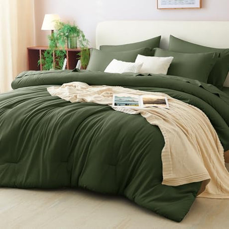 CozyLux Queen Comforter Set Olive Green, 7 Pieces Bed in a Bag Queen Comforter Set with Sheets, Bedding Sets with Down Alternative Comforter, Fitted Sheets, Flat Sheets, Pillow Shams and Pillowcases CozyLux