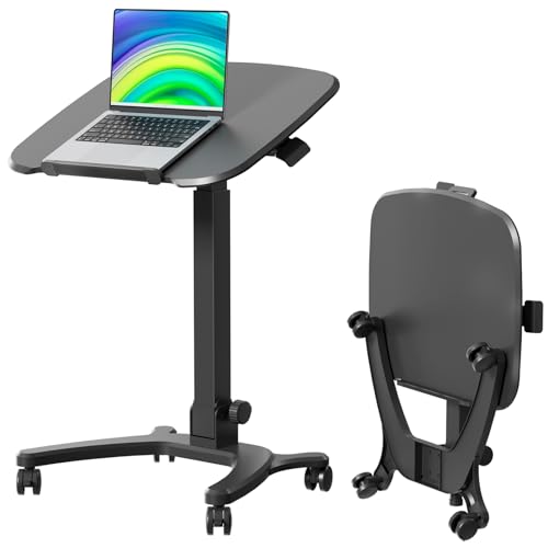 JYLH JOYSEEKER Foldable Mobile Standing Desk, 27"×21" Portable Rolling Laptop Cart with 90° Tiltable Board, Height Adjustable Mobile Desk Workstation with Wheels, Folding Table for Home Office, Black JYLH JOYSEEKER