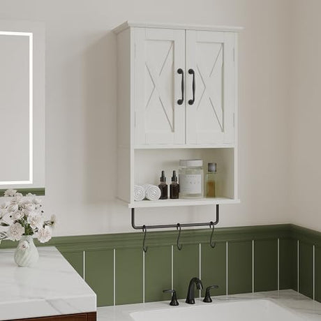 ChooChoo Farmhouse Medicine Cabinet, Bathroom Wall Cabinet with Adjustable Shelf, Towel Bar, 3 Hooks, Over The Toilet Storage Cabinet for Bathroom, Kitchen, White ChooChoo