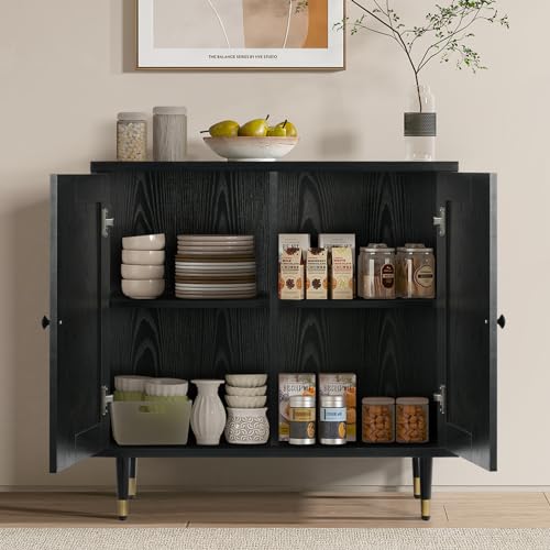 Black Buffet Sideboard Cabinet, Rattan Sideboard with Natural Rattan Doors, Black Rattan Console Table with Storage, Modern Accent Buffet Cabinet with Adjustable Shelves for Living Dining Room 4ever2buy