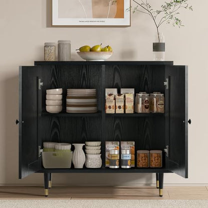 Black Buffet Sideboard Cabinet, Rattan Sideboard with Natural Rattan Doors, Black Rattan Console Table with Storage, Modern Accent Buffet Cabinet with Adjustable Shelves for Living Dining Room