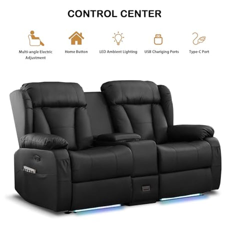 DUNELLA 66" Power Loveseat Recliner Sofa, Home Theater Seating with Console, Electric Recliner RV Sofa with USB/Type-C/Storage/Side Pocket/LED Light for Travel Trailers (Black) DUNELLA