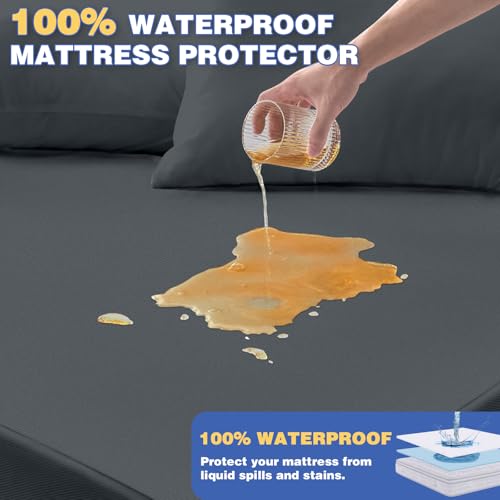 QUWOU King Mattress Protector, Waterproof Mattress Cover with 18" Deep Pocket Bed Cover, Fitted Sheet Style Noiseless Breathable Machine Washable, Dark Gray (76"x80") QUWOU