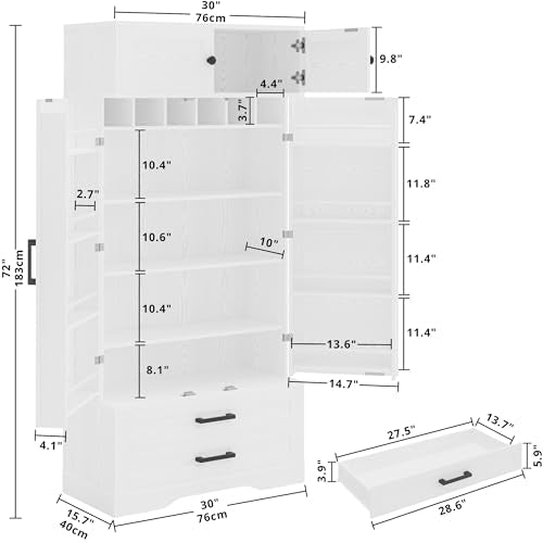 IRONCK Kitchen Pantry 72" Height, with 8 Hanging Shelves, 2 Drawers and Open Storage Cabinet, Freestanding Cupboard for Dining Room Living Room,Industrial White - WoodArtSupply