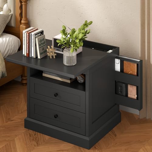 Gyfimoie Nightstand with Hidden Storage Space, Night Stand, End Table with Side Drawer, Bedside Table with Open Shelf, 2 Drawers Dresser for Bedroom, Living Room, Closet (Black) Gyfimoie
