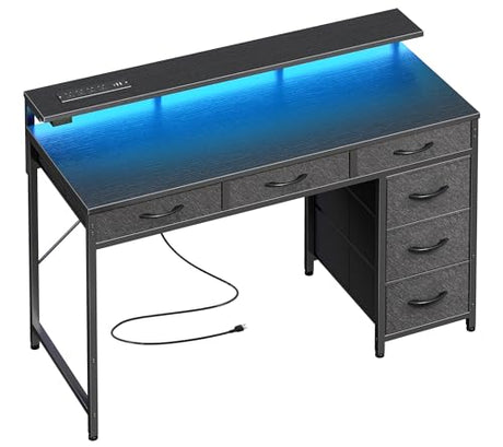 Huuger Gaming Desk with 6 Drawers, Computer Desk with LED Lights Power Outlets and Type-C, 39 Inch Office Desk with Storage, Monitor Stand, Writing Desk Work Desk Home Office, Bedroom, Study, Black Huuger