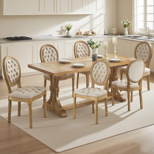 SoarFlash French Velvet Dining Chairs Set of 6, Vantage Dining Chair with Round Back, Wood Leg Farmhouse Country Dining Chair for Kitchen,Bedroom,Beige SoarFlash