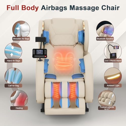 2026 Massage Chair, Massage Chairs Full Body and Recliner with 10 Fixed Points, Zero Gravity, Wood Grain Leather, Foot Massage, Airbags, Lumbar Heating, Bluetooth and Control Screen (Leather White) yewglen