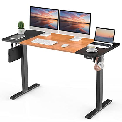 ERGOMAKER Electric Height Adjustable Standing Desk 140x60cm (55.1"x23.6"), Sit Stand Desk with Splicing Top for Home Office (Black Frame, Black & Cherry Desktop)