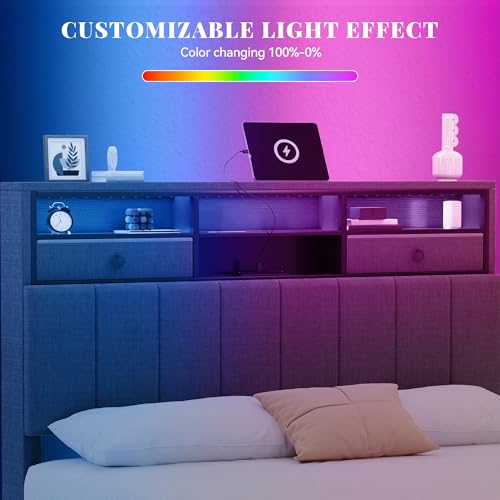 YITAHOME Full Size Bed Frame with Storage Headboard, LED Bed Frame with Drawers and Charging Station, Platform Bed with Sturdy Metal Support, No Box Spring Needed, Grey YITAHOME