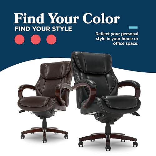 La-Z-Boy® Bellamy Executive Office Chair with Memory Foam Cushions, Real Wood Arms and Swivel Base, Waterfall Seat Edge, Faux Bonded Leather, Black La-Z-Boy