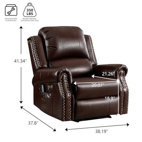 EBELLO Power Recliner Chair with Massage and Heat, Faux Leather Electric Massage Reclining Chair for Adults with Overstuffed Backrest and Side Pocket, Single Sofa for Living Room, Red Brown EBELLO