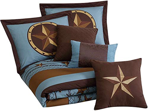 Chezmoi Collection Tulsa California King Bedding Set, 7-Piece Turquoise Brown Western Cowboy Oversized Comforter Set, Printed Texas Star Barbed Wire Chezmoi Collection