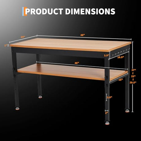 48" Work Bench, Adjustable Height Workbench with Storage Shelf, 48" x 24" Work Benches for Garage, 2500 LBS Tool Bench with Power Outlet for Workshop & Home EliteEdge