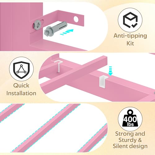 busyaeh Twin Loft Bed,Low Loft Bed with 9 Storage Drawers & 15.8" H Safety Guardrail & Inclined Ladder & Safety Handrail & LED Lights and Charging Station，Kids Loft Bed,Pink busyaeh