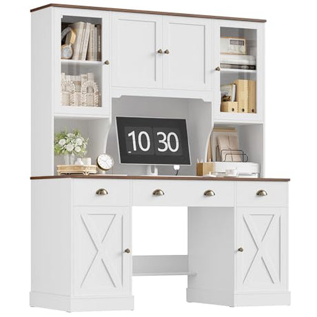 Keyluv 75" Executive Desk with Hutch and Drawers, Computer Desk with Glass Door and Storage Cabinet, 63" W Large Farmhouse Workstation for Home Office Study Writing Gaming Table, White Keyluv