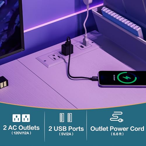 Jakyitvi 33.7" Computer Desk with Power Outlets, LED Lights & 2 Drawers, Small Office Desk with Storage Bag & Hooks, Gaming Desk for Bedrooms or Home Office, Compact Study Desk for Small Spaces，White Jakyitvi
