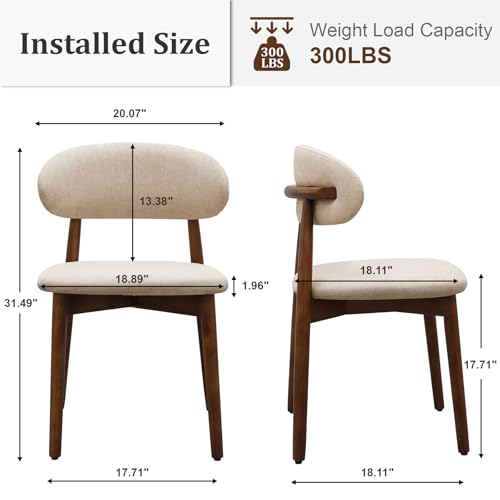 Farmhouse Dining Chairs Set of 4, Mid Century Modern Fabric Upholstered Kitchen Chairs, Wooden Dining Room Chair with Curved Back for Kitchen Dining Room Restaurant Cafe, Light Camel (Only Chairs) AmoUnico