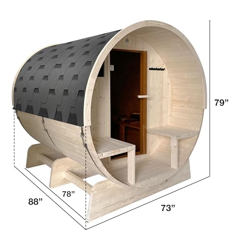 ALEKO Barrel Sauna | Personal Dry Wet Steam Sauna | Indoor Outdoor | White Finland Pine w/Front Porch Canopy | 6-8 Person | UL Certified 8 kW KIP Harvia Heater | - WoodArtSupply