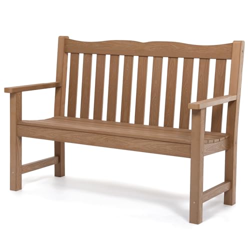 Outdoor Bench, 2-Person Poly Lumber Garden Bench, All-Weather Outside Bench with 800 lbs Weight Capacity, Never Rot or Fade, Looks Like Real Wood, Teak