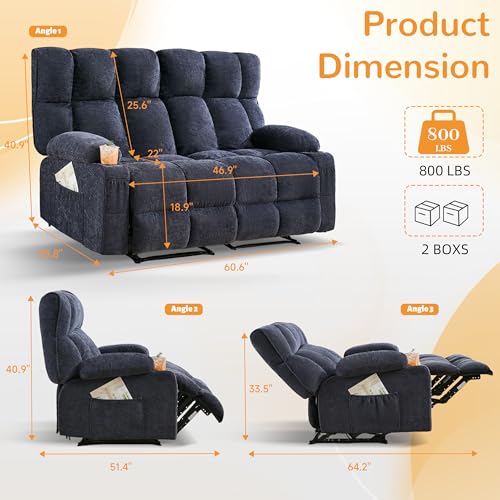 Sofetura Loveseat Recliner Sofa, Big Large Reclining Sofa with Cup Holders & Side Pockets, Traditional 2-Seater Manual Recliner Couch for Living Room, RV, Home Theater, Oversized (Fabric, Blue)