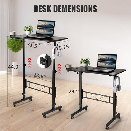 SIDUCAL Standing Desk Adjustable Height, Small Mobile Table with Wheels, Rolling Desk for Standing or Sitting, Portable Computer Desk for Walking Pad, Black SIDUCAL