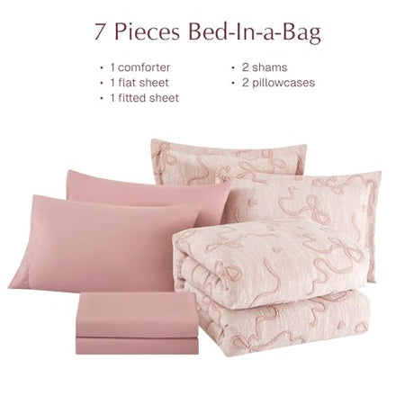 Geniospin Pink Full Comforter Set for Girls- 7 Pieces Bowknot Jacquard Bed in A Bag Full Bedding Sets with Sheets, Pillowcases & Shams, All Season Kids Comforter Set Geniospin