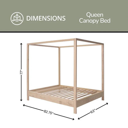 Purveyor 15 The Acadia Queen Canopy Bed, Solid Poplar Wood Bed Frame Without Headboard, All Natural & Strong Wood Bedframe with Wood Slat Support, Assembly Required, Queen Size