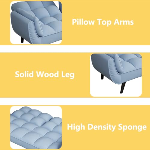 Majnesvon Velvet Futon Sofa Couch Bed with 2 Pillows, Convertible Folding Futon Couch with Adjustable Backrest, Love Seat Sleeper Sofa Bed for Small Spaces, Living Room, Office, Apartment (Blue) Majnesvon