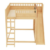 Bellemave Bunk beds Full Over Full with Slide and Stair and upholstered headboard, Low bunk/loft Bed for Kids，Natural Bellemave