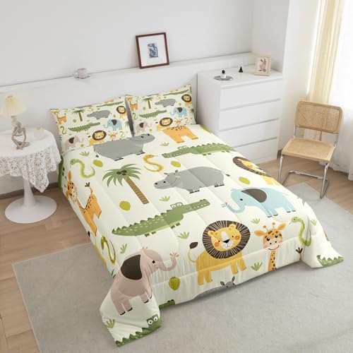 Feelyou Nursery Cute Wild Animals Bedding Set for Girls Boys Child Kids Cartoon Lion Giraffe Crocodile Comforter Decor Nature Wildlife Comforter Set Zoo Animal Theme Duvet Set Twin Size Quilt Set Feelyou