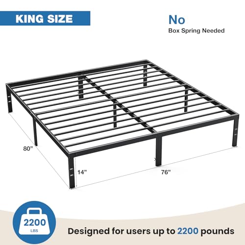 OLIXIS Metal King Bed Frame - 14in High with Storage Space, No Box Spring Needed with Sturdy Steel Slat Support, 2200LBS Heavy Duty for Easy Assembly, Black for Bedroom OLIXIS