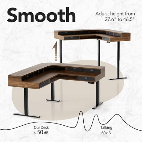 HUANUO U-Shape Large Standing Desk with Storage Drawers, 2-Tier Corner Sit Stand Desk with Power Strip Tray & Cable Grommets, Height Adjustable Extra Large Computer Gaming Table, Walnut HUANUO