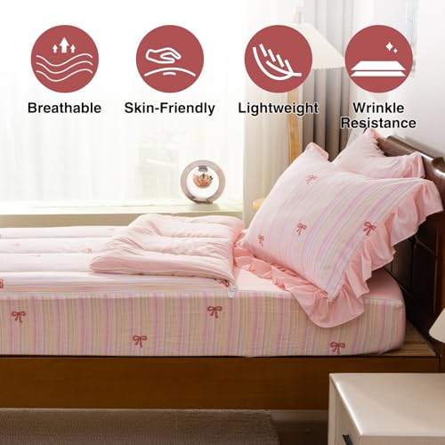 A Nice Night Zipper Bedding Pink Bow Printed on Colorful Rainbow Background Zippered Kids Comforter Set,Seersucker Chic Style Ultra Soft,Twin A Nice Night