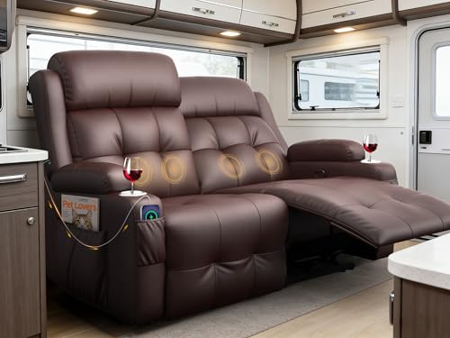 Furgatti Reclining Loveseat, 55.1" RV PU Leather Wall Hugger Recliner Love Seats Sofa with USB-A/Type C Charging Station, Cup Holder, Double Recliners Couch, Manual Love Seat for RV & Gaming Room