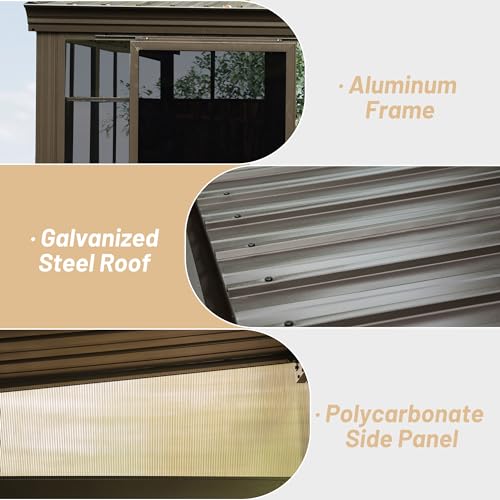 Domi 10x12FT Wall Mounted Sunroom, Against Wall Solarium with Galvanized Steel Sloping Roof, Detachable PVC Screen, Lockable Sliding Door, Lean-to Gazebo Sun Room for Patio Deck domi outdoor living