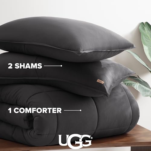 UGG Leonora Comforter Set with 2 Pillow Shams Lightweight Down Alternative Blanket Reversible Cozy Warm All Season Washable and Hypoallergenic Bedding Set, King, Charcoal Grey UGG