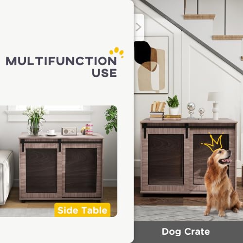 PawHut 39" Dog Crate Furniture, Dog Kennel Furniture End Table with Sliding Barn Door, Pet Cage Table for Large Breeds, Walnut Brown PawHut