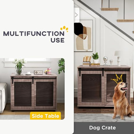 PawHut 39" Dog Crate Furniture, Dog Kennel Furniture End Table with Sliding Barn Door, Pet Cage Table for Large Breeds, Walnut Brown PawHut