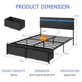 Forestell Queen Bed Frame with Wood Headboard, Black Platform Bed with 2 Storage Drawers & Shelf, Built-in Charging Station & LED Lights, Metal Support, No Box Spring Needed, Cama Queen Size Forestell